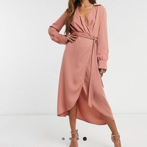 ASOS Design collared wrap midi dress with tie belt in terracotta